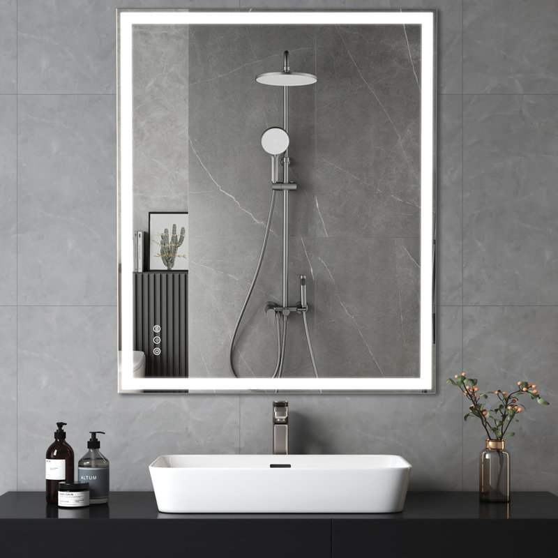 Miroir de salle de bain à DEL 30 po x 36 po à fixation murale, matériau brouillard, rouille, conception moderne imperméable, intensité réglable, chic