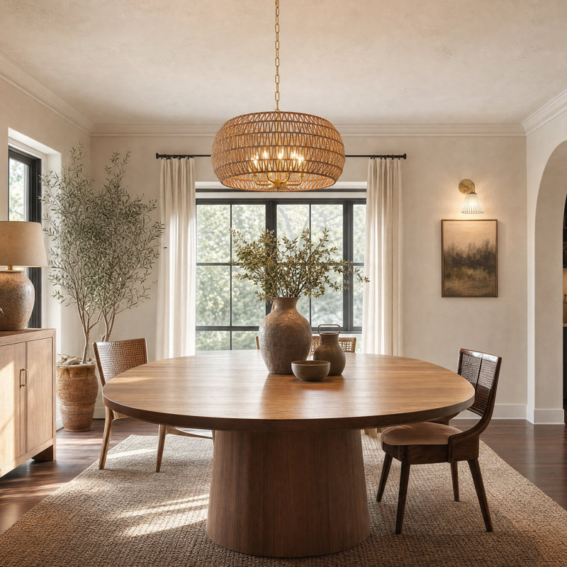 6 - Light Round Drum Hemp Rope Rattan Boho Gold Chandelier, Natural Rattan Bohemian Pendant Light For Kitchen Island, Living Room-18.89"W x 68.69"H