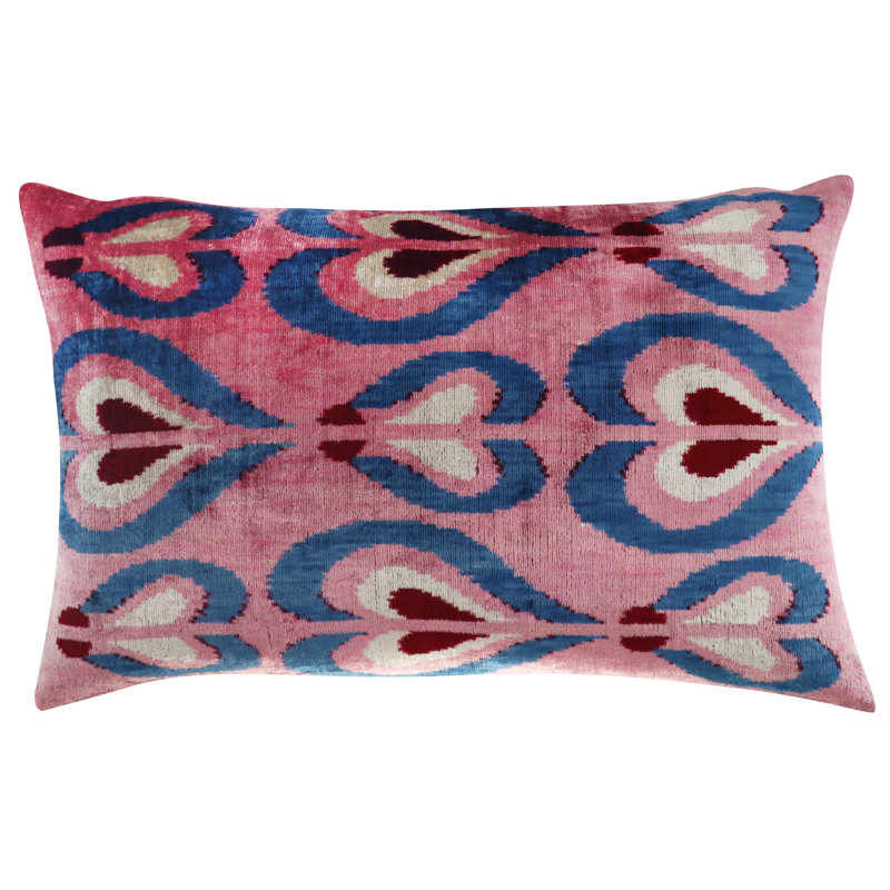 Velvet Pillow Cover & Insert, 16"H x 24"W, Rectangular, Pink/Blue/Red Geometric 1