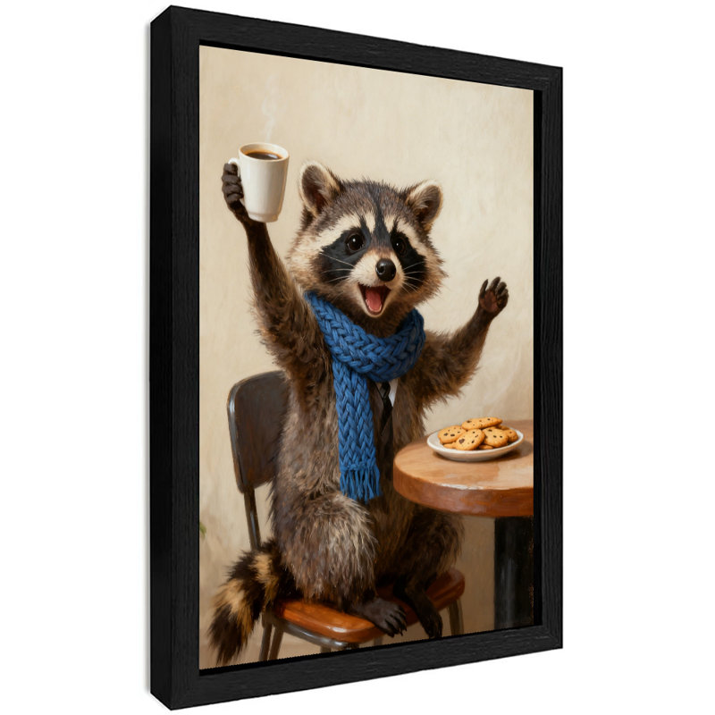 Art mural rétro noir et raton laveur avec café, impression de style mignon et réaliste, H 11 po x l 9 po