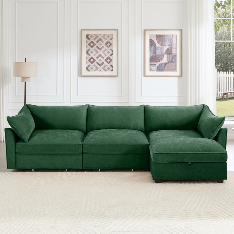 Canapé modulaire en L à 3 places avec repose-pieds mobile, assise large et profonde, vert chenille, Chenille verte