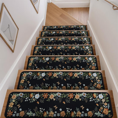 Floral Stair Treads Non-Slip Carpet Stair Treads For Wooden Steps Indoor 15PCS 30"X8" Stair Runner Stair Mats Staircase Step Treads For Kids, Elders And Dogs, Stair Covers, Black