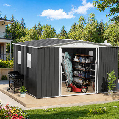 Remise de jardin 12 x 10 pi en métal avec porte coulissante et 4 fenêtres avec toit Apex