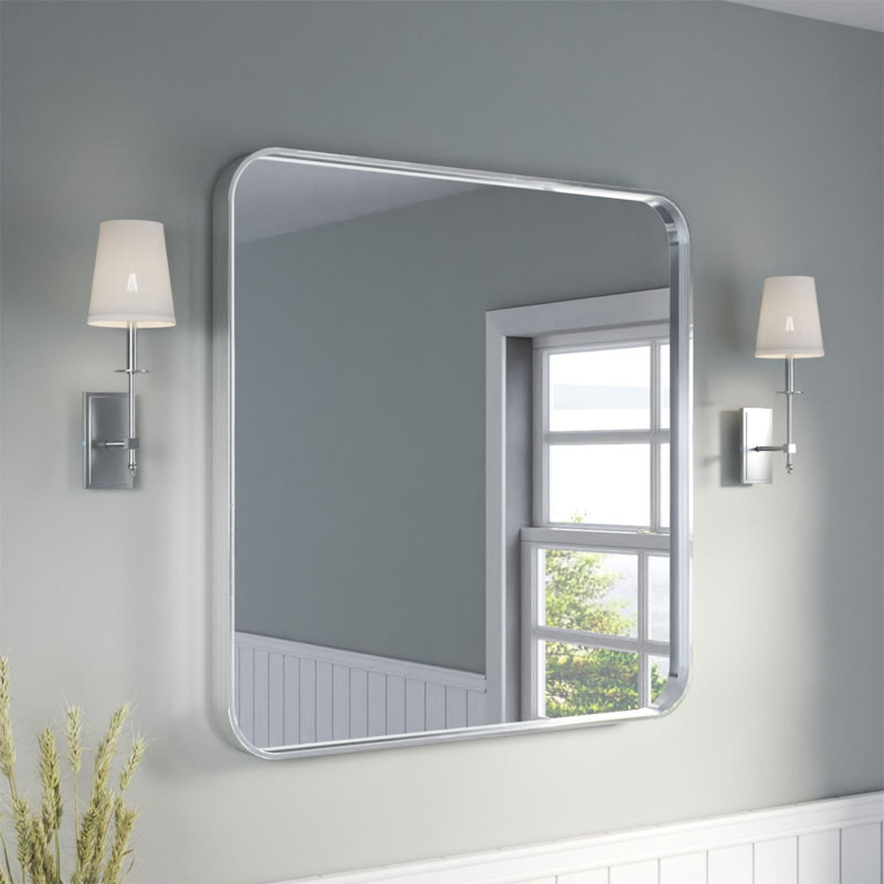 Élégant miroir encadré en aluminium avec coin arrondi pour une décoration intérieure élégante, Argent argent, Carrée