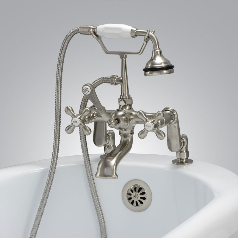3 Handle Deck Clawfoot Tub Faucet with Diverter, Brushed Nickel