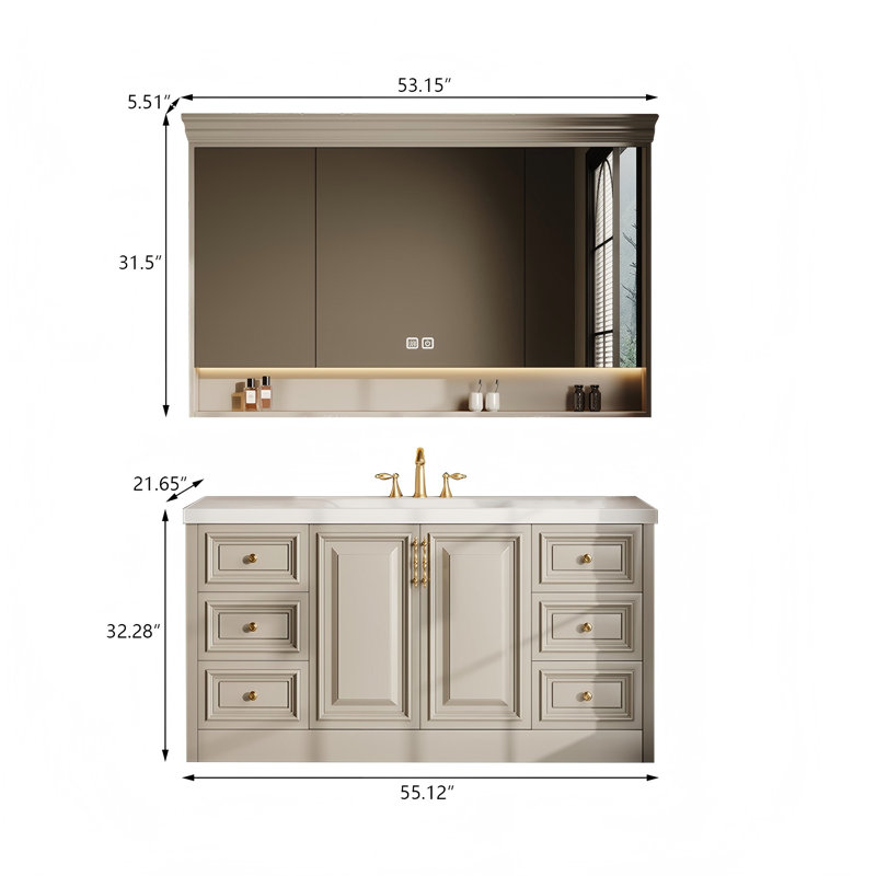 Meuble-lavabo autoportant en bois d'hévéa massif 55,12 po avec miroir, Beige, 55"
