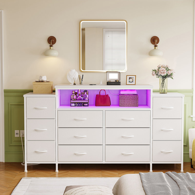 55" W 12-Drawer Dresser with LED Lights and Charging Station, White