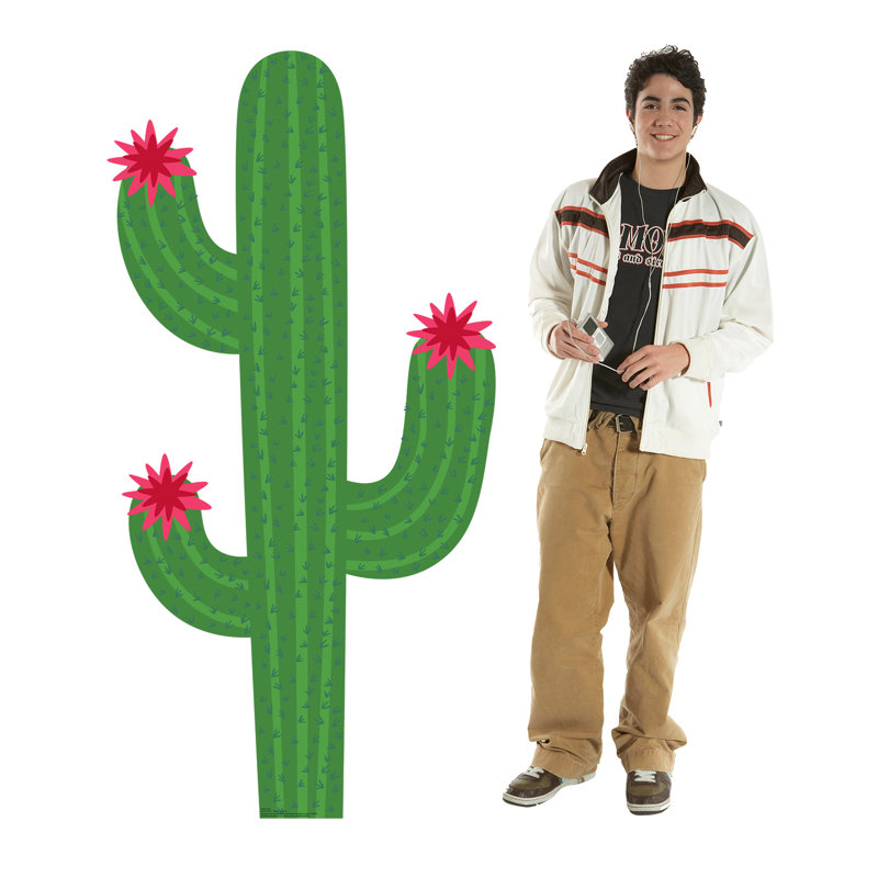 Life-Size Green Cactus Cardboard Cutout with Red Flowers