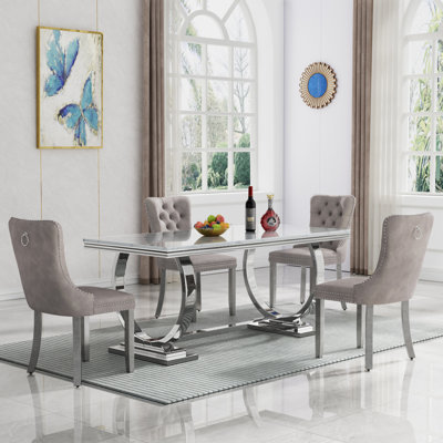 Luxury 68" Dining Table Set for, White Faux Marble Dining Table with Velvet Dining Chairs, Modern Kitchen Table and Chairs Set, Luxury Dining Table Set for Kitchen Dining