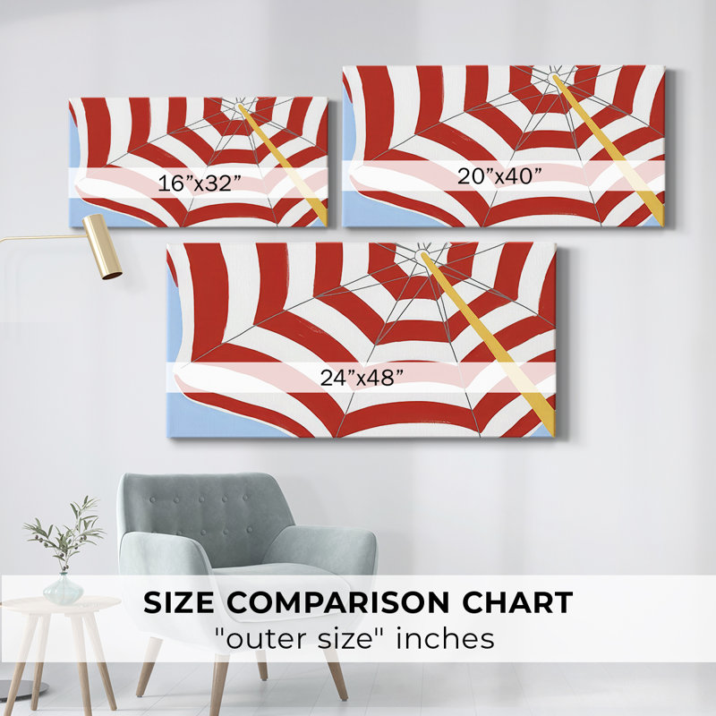Parasol Beach Stripes I - Toile tendue avec châssis tendue, prête à accrocher, H 21 po x l 41 po, Doré