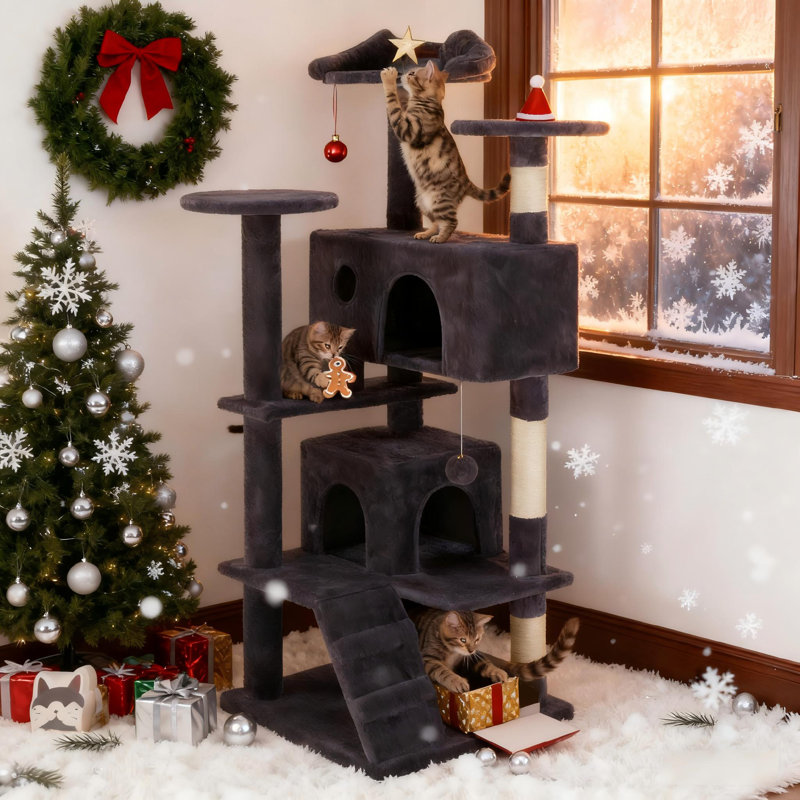 Tour pour arbre à chat 54 po multi-fonctionnelle gris foncé avec jouets amovibles, maison de chat confortable et salon de jeu pour une décoration moderne