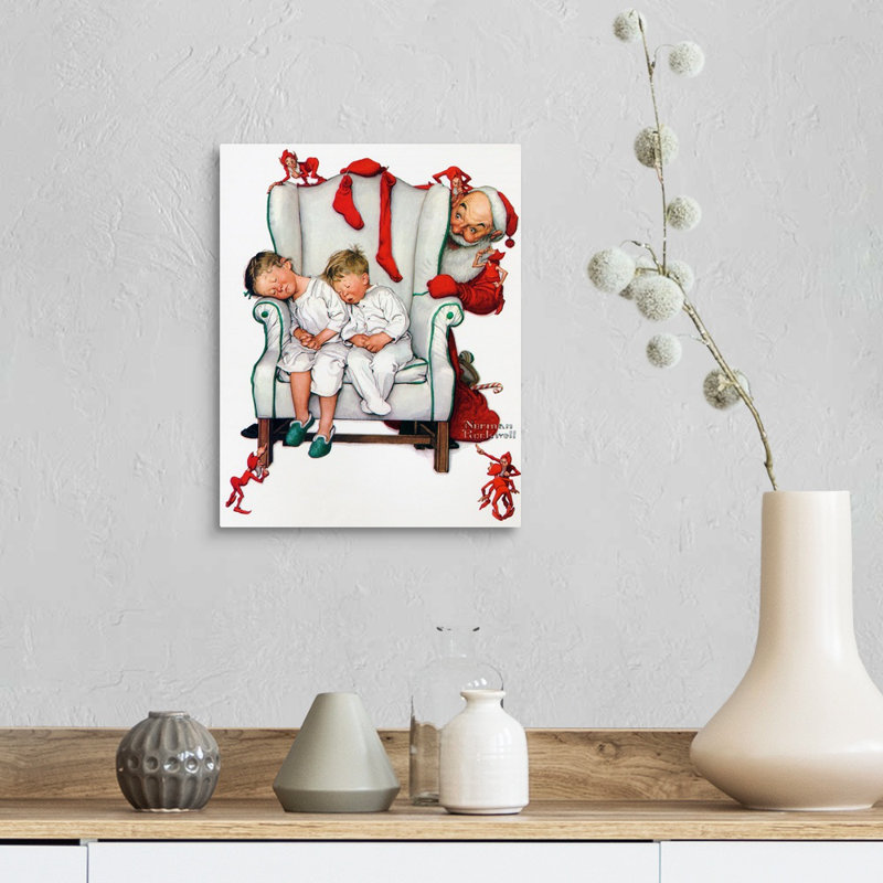 Père Noël remplissant les bas, art mural sur toile, H 14 po x l 11 po x P 1,25 po, Toile tendue
