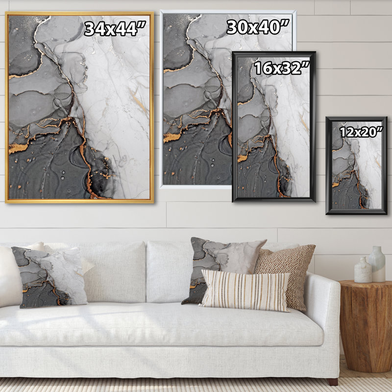 Vagues de marbre gris et orange - peinture sur toile, Cadre photo blanc, H 40 po x l 30 po