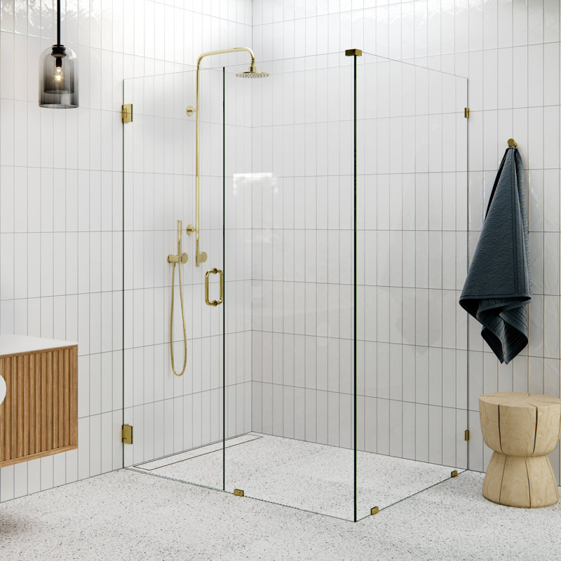 78" H Pivot Frameless Shower Door, Polished Brass