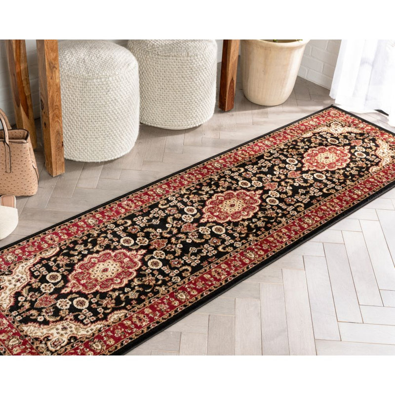 Belliere Medallion Kashan Black Traditional Rug, Runner 2'3" x 7'3"