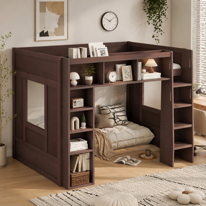 Grand lit mezzanine en bois avec armoires de rangement et tablettes, brun
