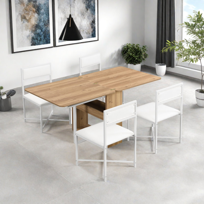 Modern Compact 63Inch 5-Piece Extendable Dining Table Set, Foldable Square Kitchen Table Set With Storage Rack And 4 PU Leather Upholstered Dining Chairs For Small Places
