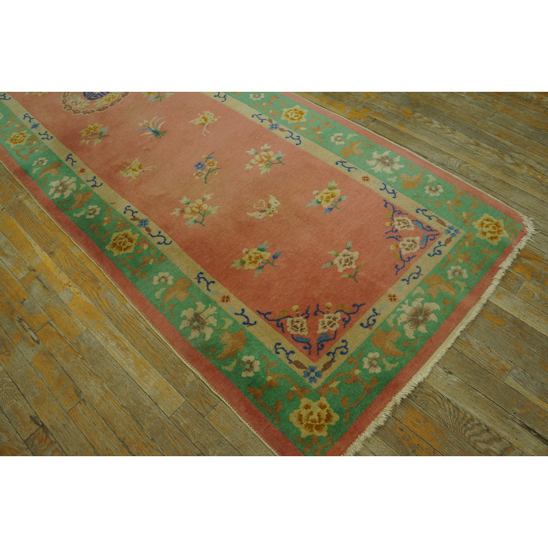Soft Rose Color Wool Pile Antique Chinese Art Deco Hallway Runner Rug