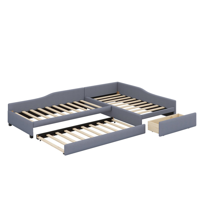 Upholstered Double Daybed With Trundle And Drawer, Gray