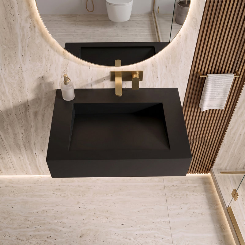 Lavabo de salle de bain mural Pyramid 24 po avec lavabo rampe - noir, sans trou, Aucun trou, Noir