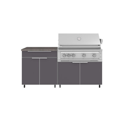 Cuisine extérieure en aluminium gris ardoise, ensemble de 4 pièces avec roulettes, bar, meuble barbecue, barbecue au propane liquide Platinum de 101,6 cm et comptoir en pierre reconstituée grise de 81,3 cm.