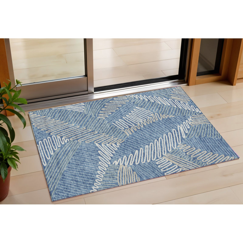 Tapis extérieur lavable floral bleu gris et ivoire 3 pi x 5 pi
