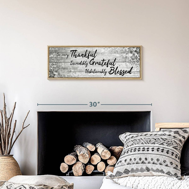 Plaque murale «Thankful Grateful Blessed IV», 25 po x 9 po, Cadre flottant en bois naturel