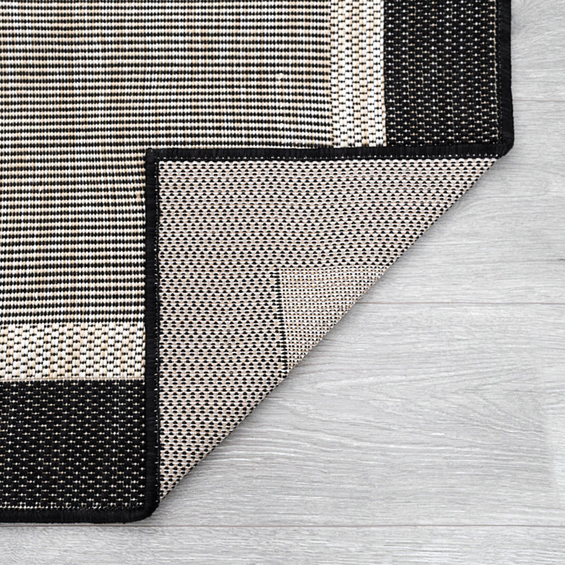 Tapis intérieur / extérieur noir / crème Kasuri, Tapis de couloir 2 pi 8 po x 9 pi 10 po