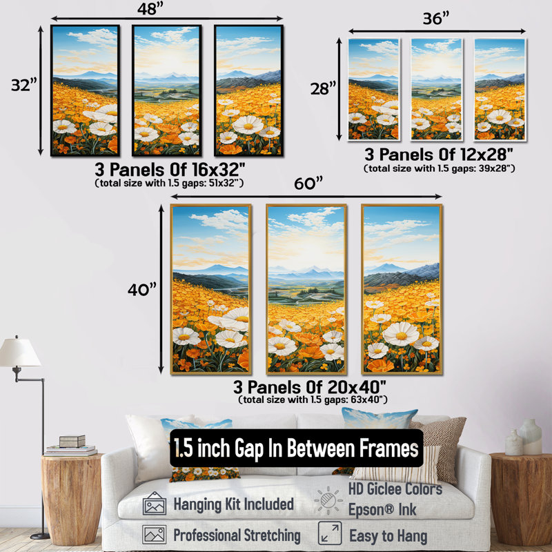 Jaune souci jaune dans un paysage de montagne - ensemble d'art mural sur toile fleurs, Cadre flottant blanc