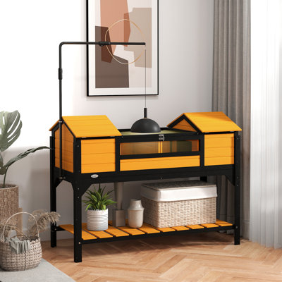 Tortoise Habitat with Adjustable Lamp Holder, Wooden Tortoise Enclosure with Storage Shelf, Dual Main Houses, Fixed Tray, Openable Lid, Yellow