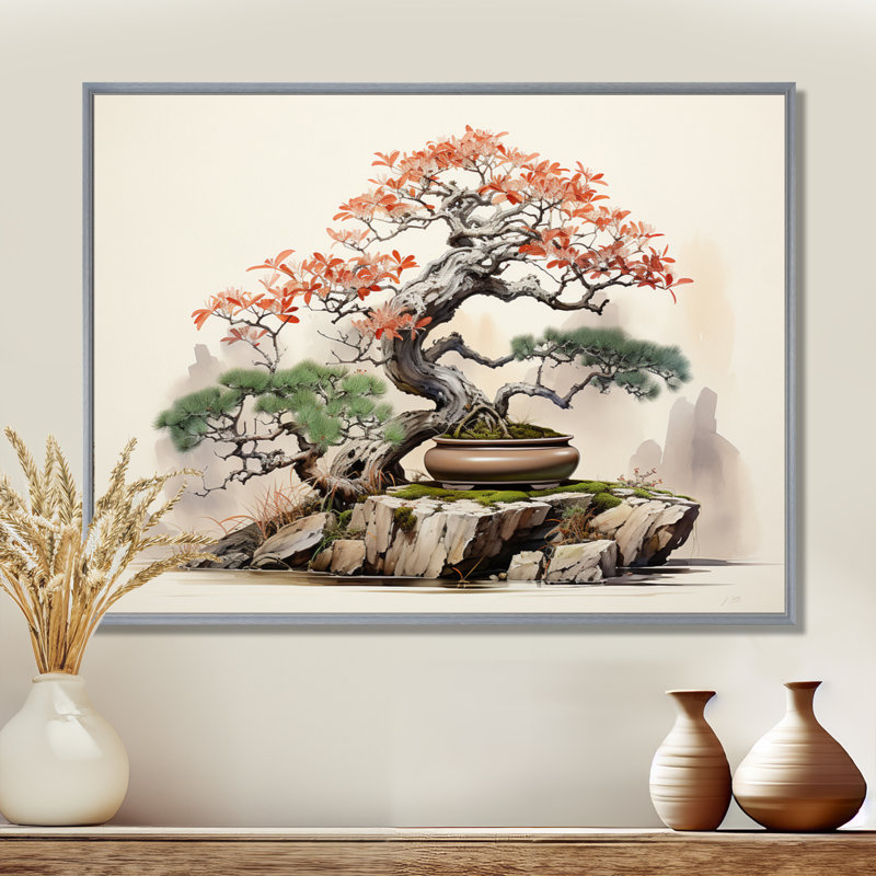 Asian Art Bonsais Wisdom I - Art asiatique, art mural, H 34 po x l 44 po, Encadrement argenté