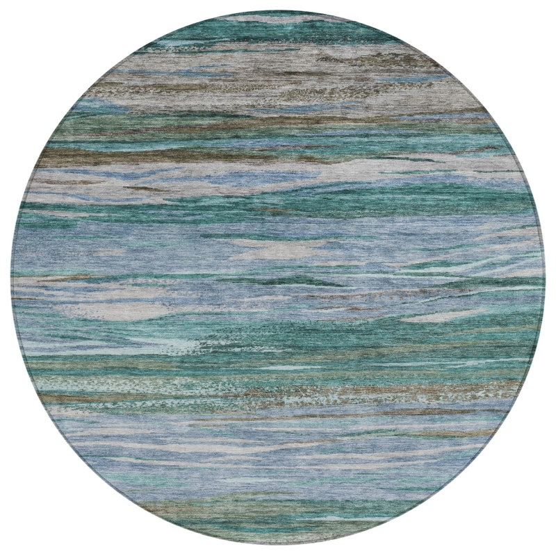 Tapis bleu sarcelle lavable à la machine intérieur / extérieur Xhevrie, Rond 8 pi