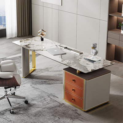 55.12" Gray+Gold+Orange Rectangularl Sintered Stone+Manufactured Wood+Stainless Steel with 3 drawers desk