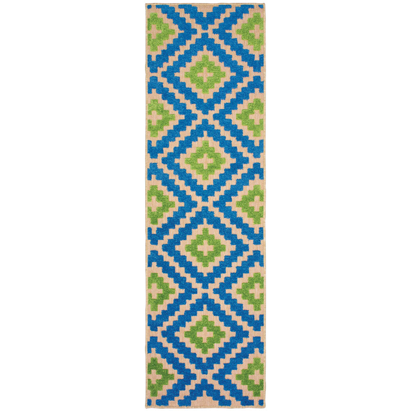Tapis intérieur / extérieur bleu / vert Evyanna, Tapis de couloir 2 pi 3 po x 7 pi 6 po