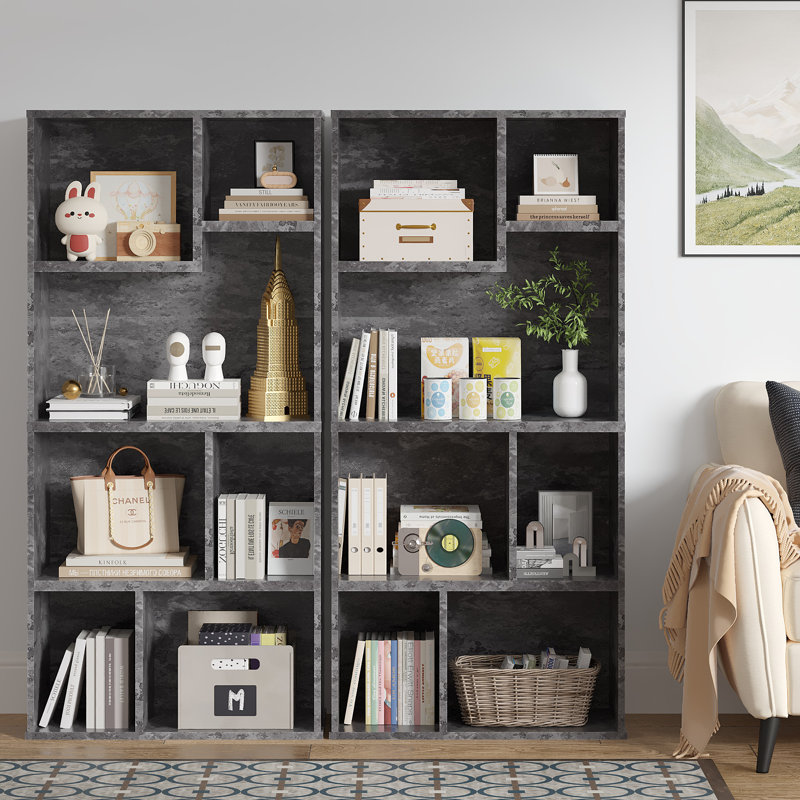 Ensemble de 2 étagères et bibliothèques Melgarejo, armoire de rangement d'angle autoportante avec plusieurs tablettes ouvertes, 2 étagères de rangement au sol pour le bureau à domicile, le salon ou la chambre à coucher