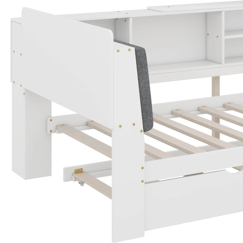 Lit plateforme simple avec lit gigogne, tablettes et tête de lit avec rangement, Simple, Blanc