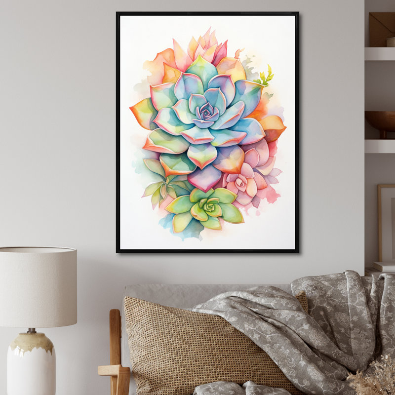 «Blossoming Succulent In Tender Retro Blue», reproduction sur toile, H 40 po x l 30 po x P 1,5 po, Cadre flottant noir