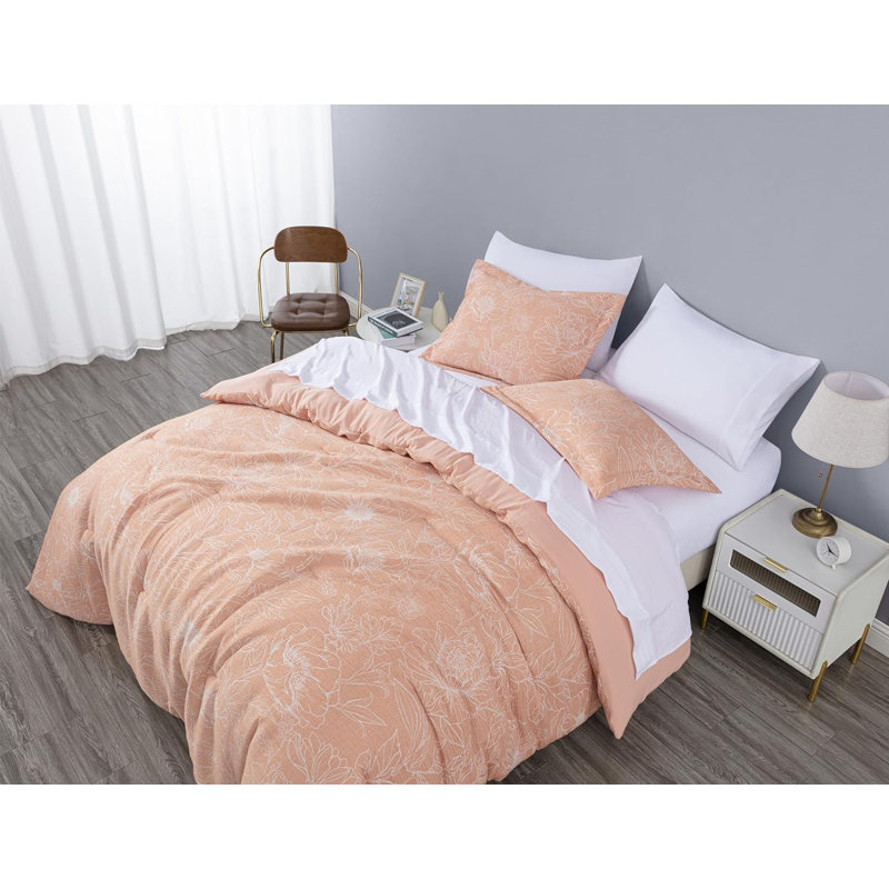 Isla Bed in a Bag Jacquard Textured Floral Comforter Set, Full Comforter + 6 Additional Pieces, Orange/White