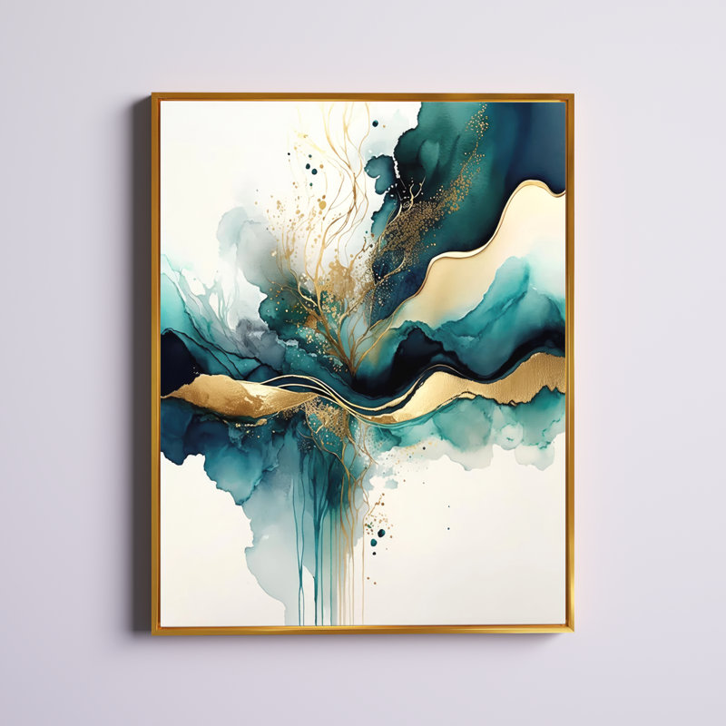 «Teal and Gold Abstract Expression III», art mural moderne sur toile, H 32 po x l 24 po, Reproduction avec cadre flottant