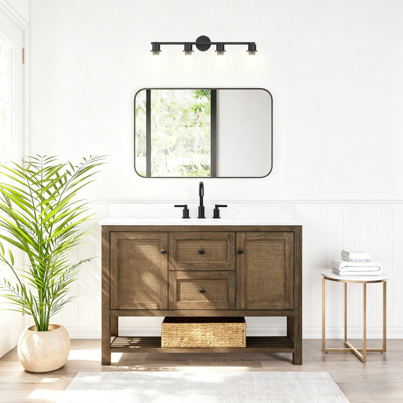 48" Freestanding Single Sink Warm Natural Fir Bathroom Vanity with 1" White Engineered Marble Top
