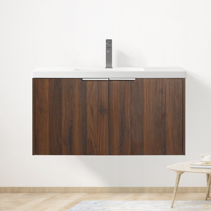 Meuble-lavabo à fixation flottante 36 po avec porte à fermeture en douceur, 2 portes, Noyer de Californie, 36"