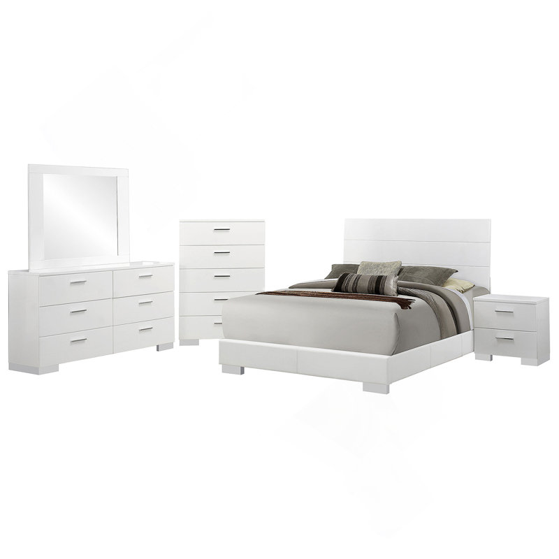 Ensemble de chambre avec grand lit 5 pièces blanc brillant, Cinq pièces : lit, table de chevet, commode, com