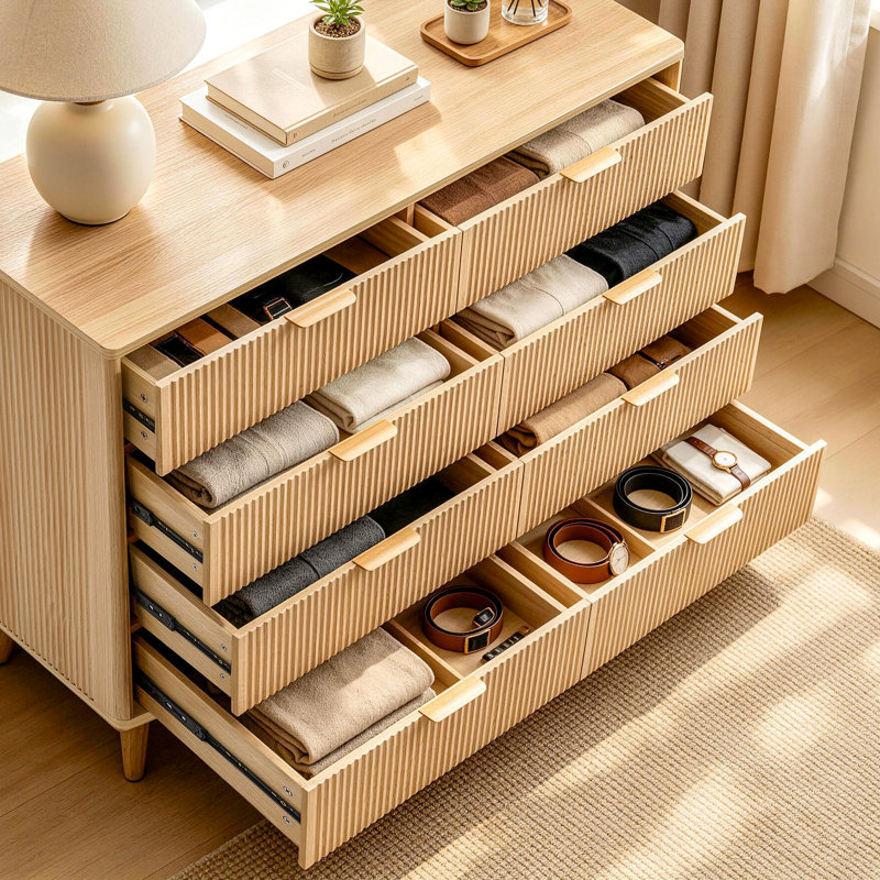 Commode cannelée à 8 tiroirs, l 47,5 po, commode double moderne pour chambre à coucher et salon, Naturel