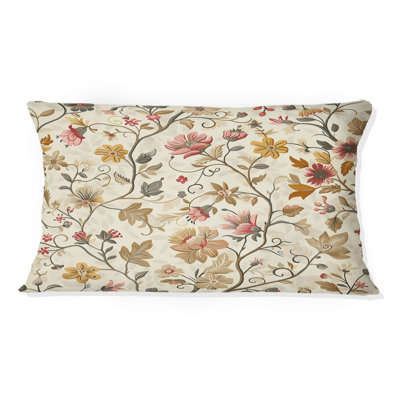 Beige Pink Floral Meadows Print I - Traditional Lumbar Pillow