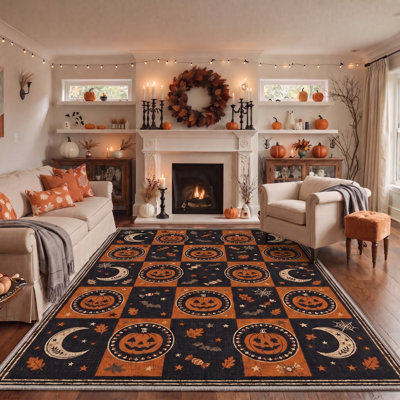Tapis noir / orange à imprimé animal lavable à la machine avec envers antidérapant