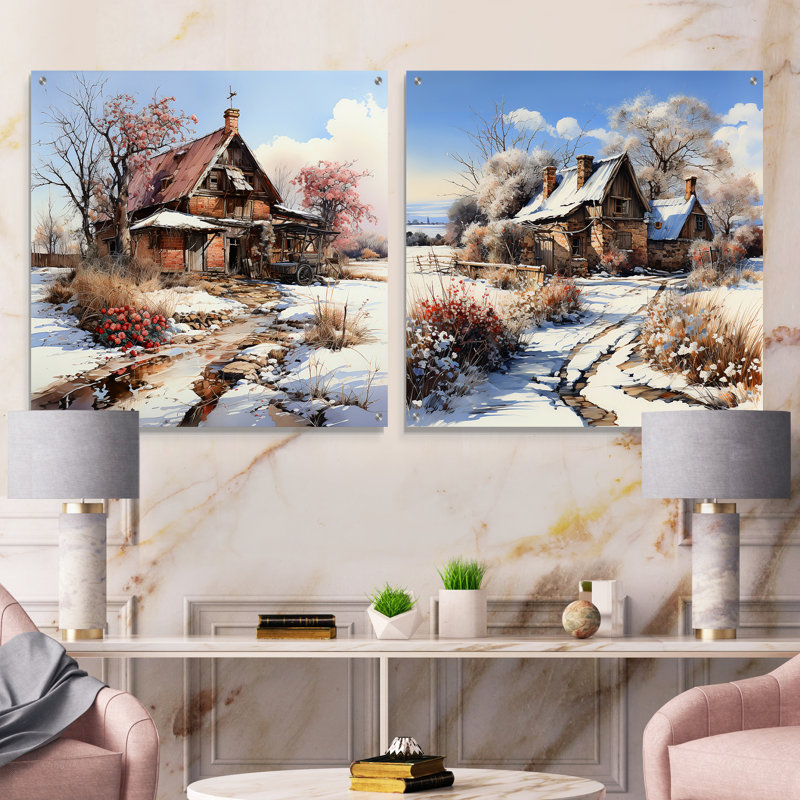 Grange charmante en hiver - Ensemble de 2 peintures murales en acrylique, H 36 po x l 73 po