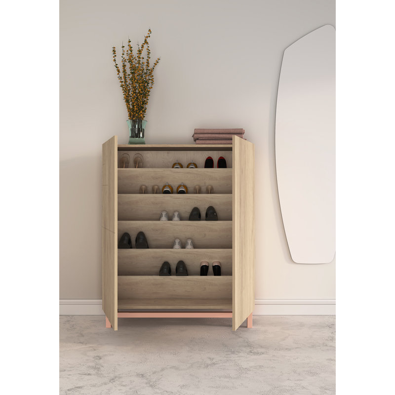 18 Pair Shoe Storage Cabinet, Light Oak/Pink