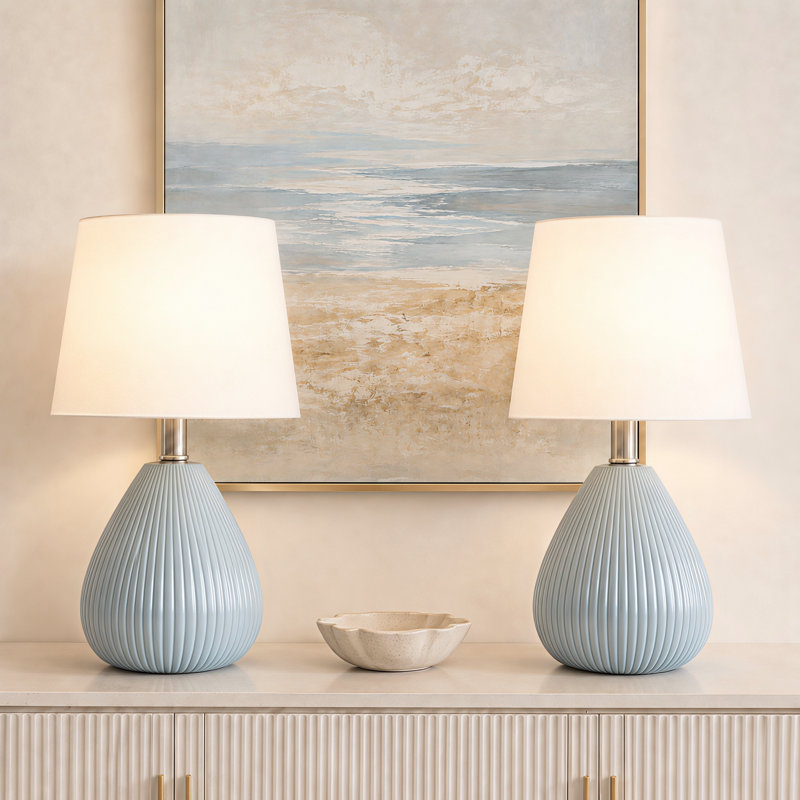 Novack 14.5" Modern Blue Ceramic Table Lamp Set with Pre-Assembled White Linen Shade, Blue