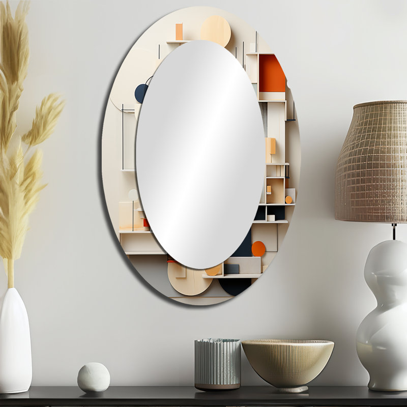 Abstrait géométrique blanc et bleu Essential Forms - Miroir mural moderne ovale, 36 po x 24 po