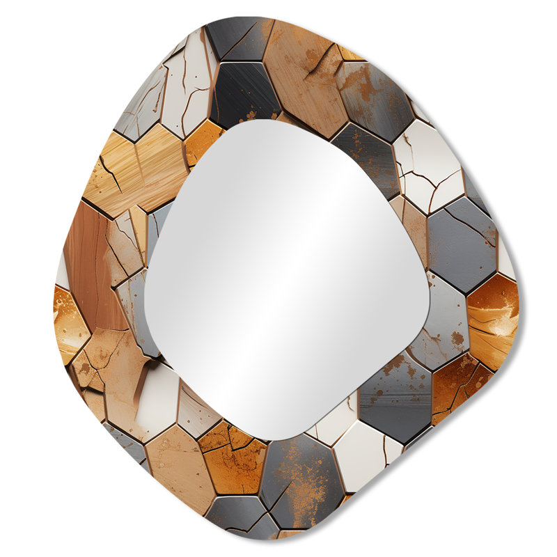 Rustic Hexagons Boho Pattern I - Geometric Asymmetrical Decorative Wall Mirror, Brown Unique Shape Large Mirror, Printed Metal Art